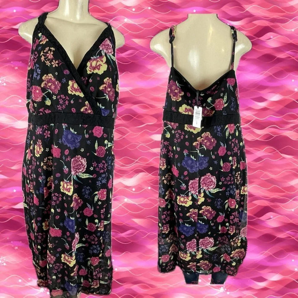 Betsey Johnson Torrid Plus 5 Black Floral Mesh Lined Lace V-Neck Midi Slip Dress - Picture 1 of 5